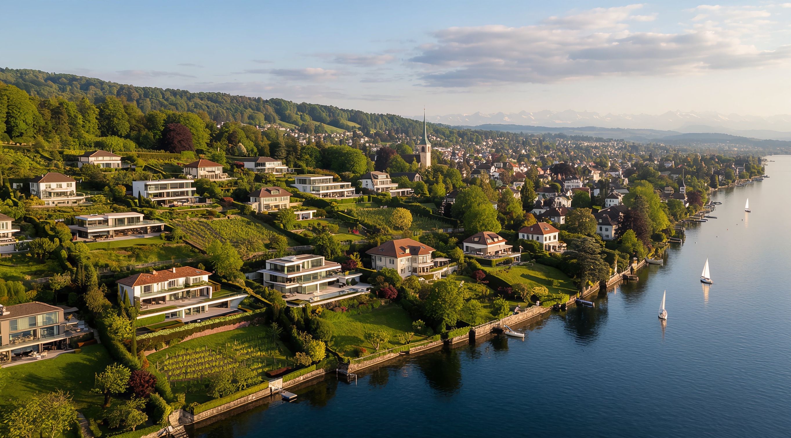 Luftaufnahme der Zürcher Goldküste am Zürichsee – Hangvillen und Rebterrassen über dem Seeufer